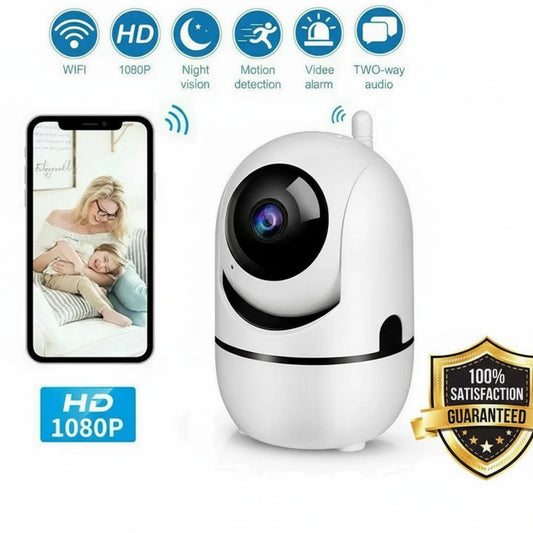 1080P WiFi indoor security camera with night vision, motion detection, and two-way audio for home monitoring
