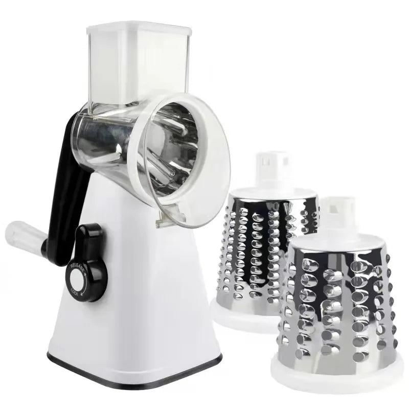 3 in 1 rotary cheese grater and vegetable slicer in white color with interchangeable blades and suction base (Color: White)