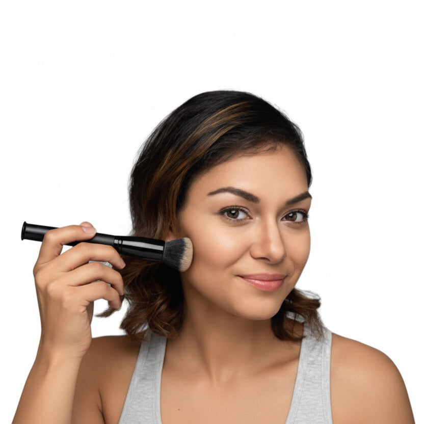 3 in 1 rotating makeup brush with interchangeable heads for foundation blush and facial cleansing model shot