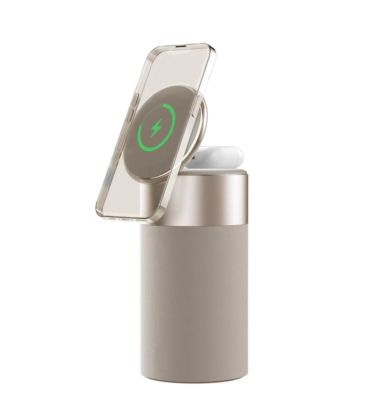 3 in 1 wireless charger speaker and touch activated ambient lamp in gold color with bluetooth audio and modern desk design (Color: Gold)