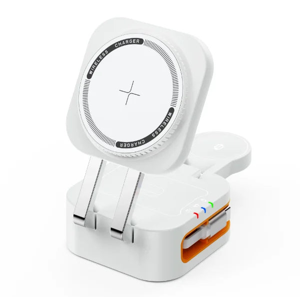 3 in 1 magnetic wireless charging station in white color for iphone apple watch and airpods with foldable travel design (Color: White)