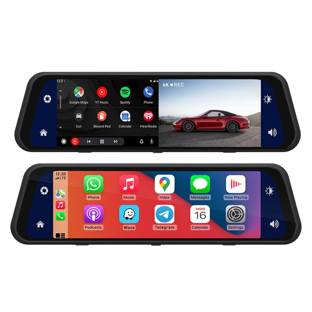 4K mirror dash cam with front and optional rear camera and parking monitor depiction of carplay