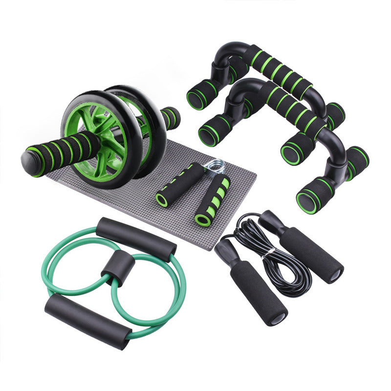 5 in 1 ab roller workout kit in green color with push up handles jump rope and resistance band for home fitness (Color: Green)