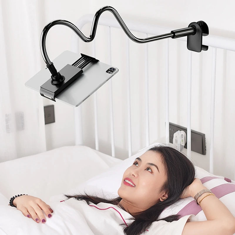 Adjustable tablet and phone holder stand with flexible gooseneck arm and clamp mount model shot