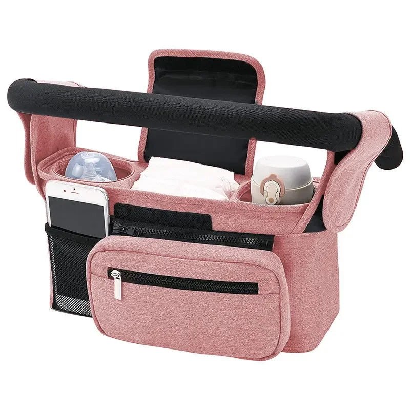 All in one stroller organizer in pink color with cup holders phone pocket and storage compartments (Color: Pink)