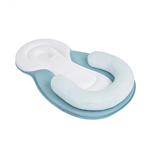 Soft baby head support pillow in blue color with anti-roll design, breathable hypoallergenic fabric, and ergonomic neck support for safe infant sleep baby model shot (Color: Blue)