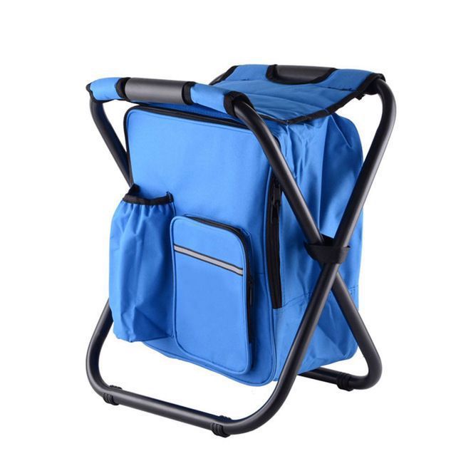 Backpack camping stool in blue color with cooler portable folding chair with insulated storage for outdoor use (Color: Blue)