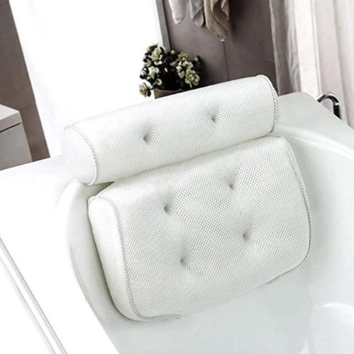 Bathtub pillow with ergonomic cushioned support for relaxing neck back and head comfort during baths depiction of use