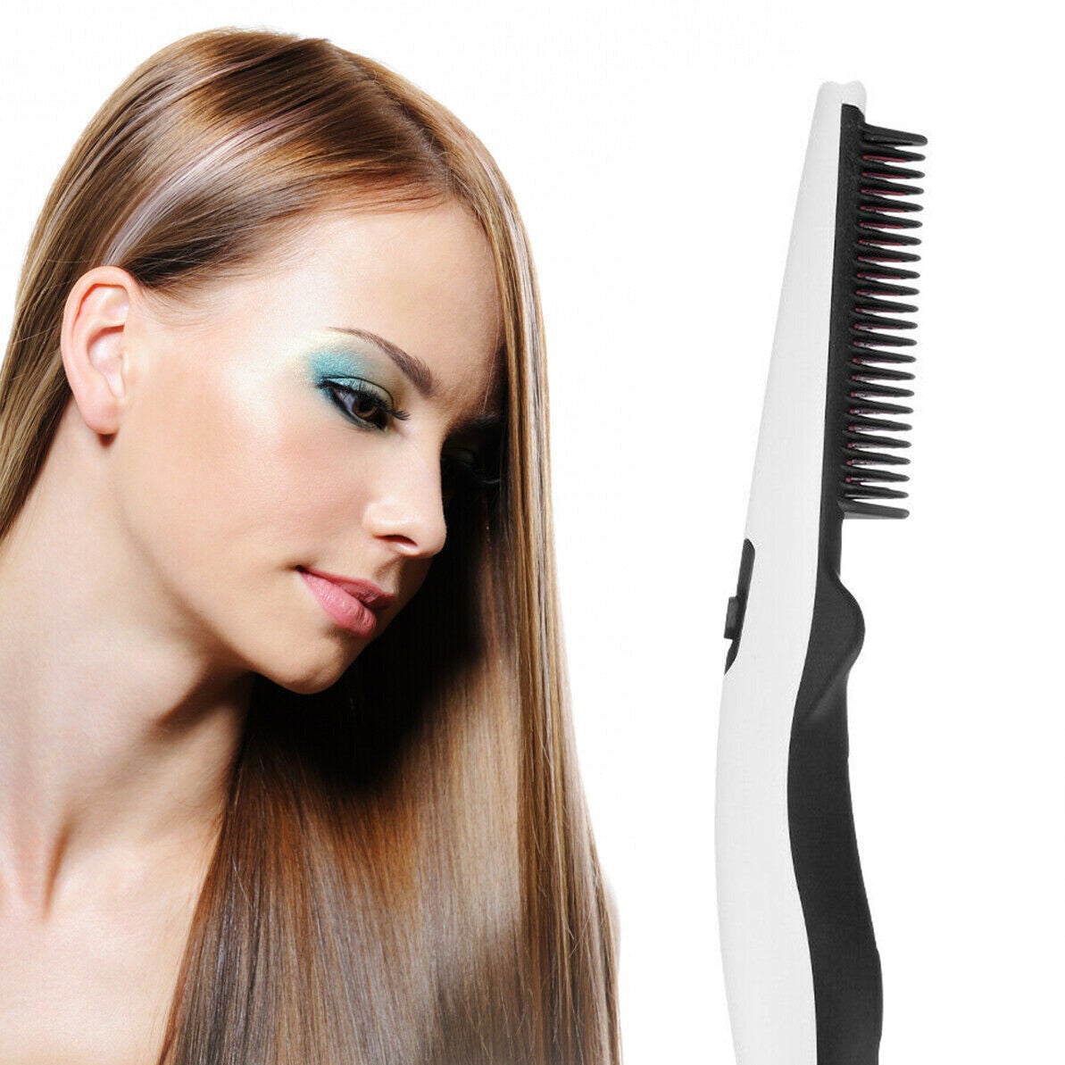 Beard and hair straightening comb with fast heating for smooth styling woman model shot depiction of hair straightening