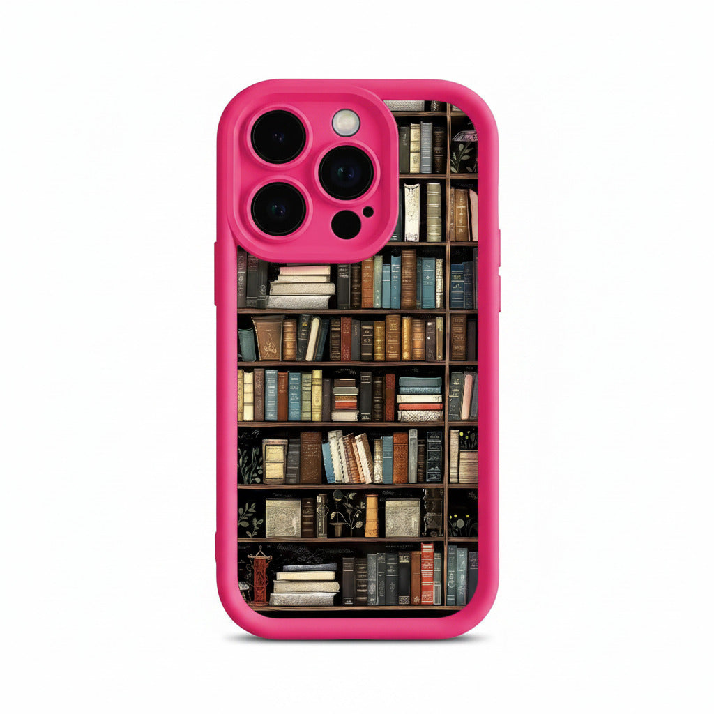 Bookshelf iphone case in pink color with soft silicone protection and cozy book inspired aesthetic design (Color: Pink)