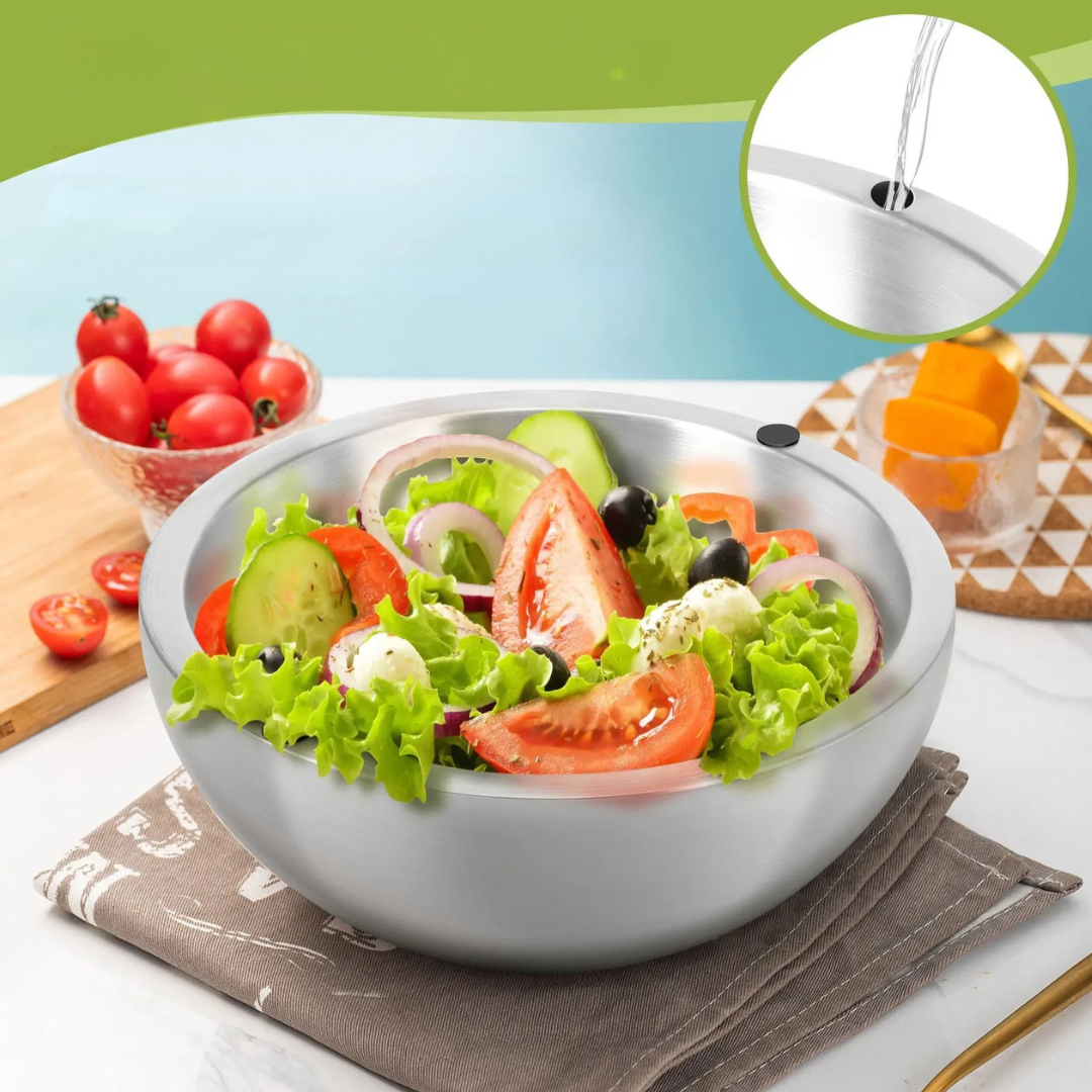 Stainless steel cooling bowl with double wall chamber for pre chilling food depiction of bilayer design