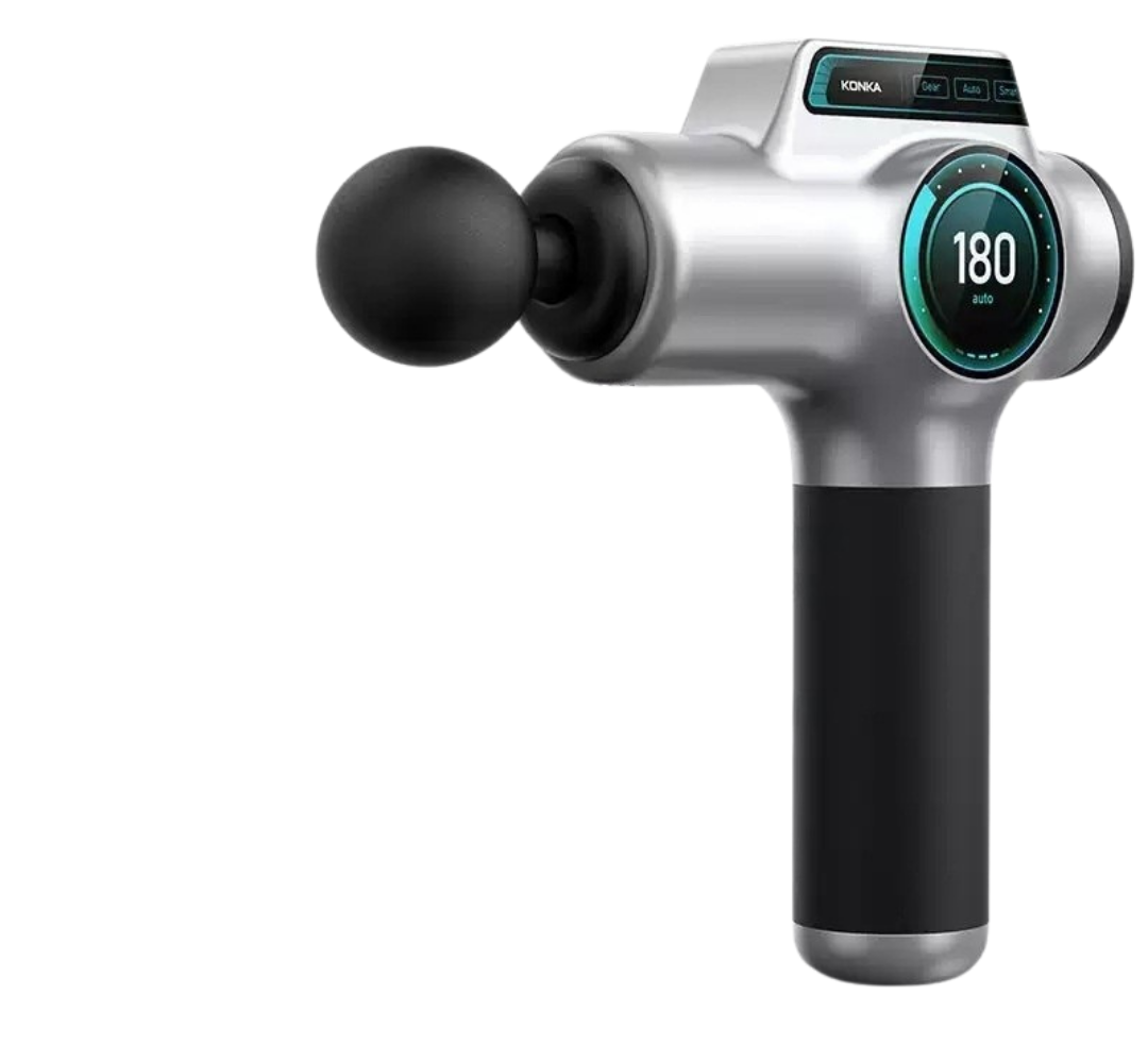 KONKA Compact muscle massage gun in silver color with 99 adjustable gears designed for deep muscle relaxation and recovery (Color: Silver)