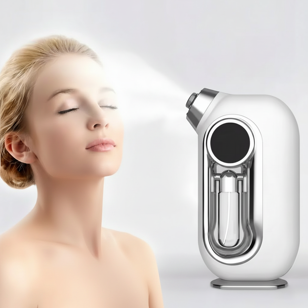 Cordless facial mist sprayer with portable airbrush hydration technology for skincare and makeup refresh model shot