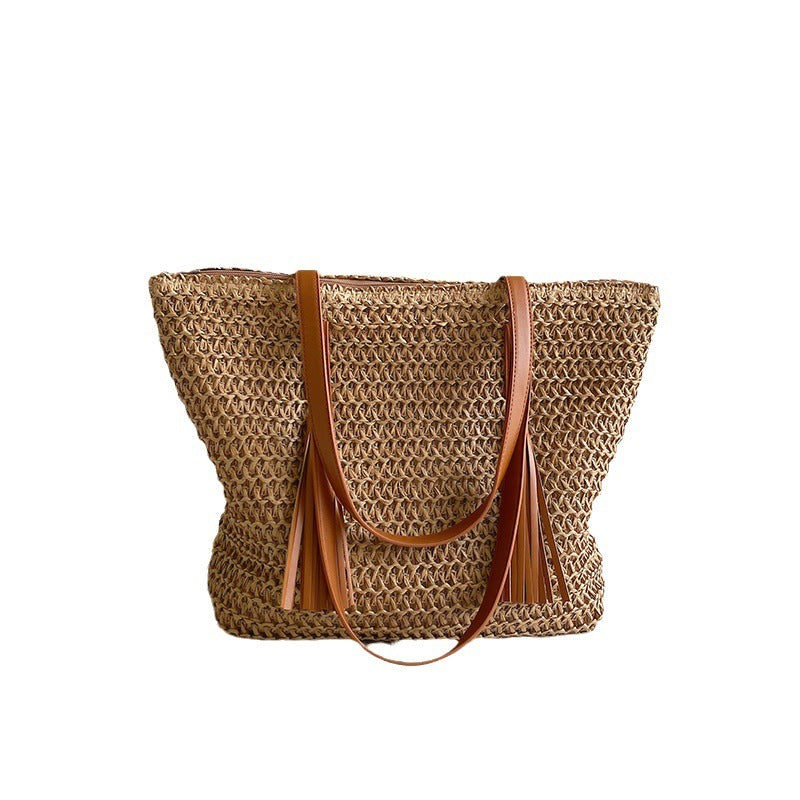 Cotton and linen shoulder bag in khaki color with large capacity and soft casual design (Color: Khaki)