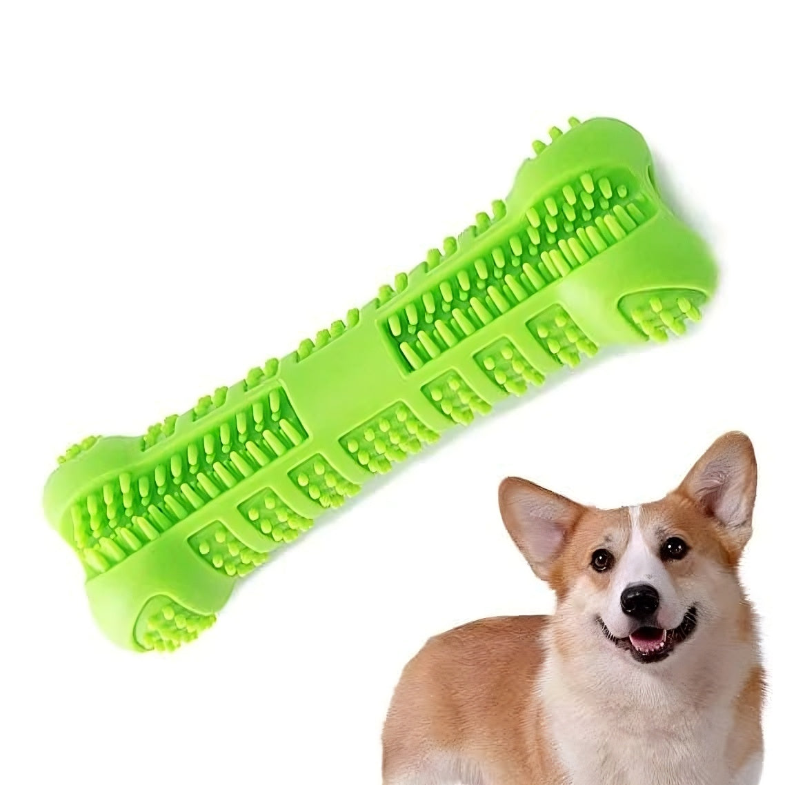 Dog toothbrush chew toy in green color made of soft rubber for dental cleaning and plaque removal (Color: Green)
