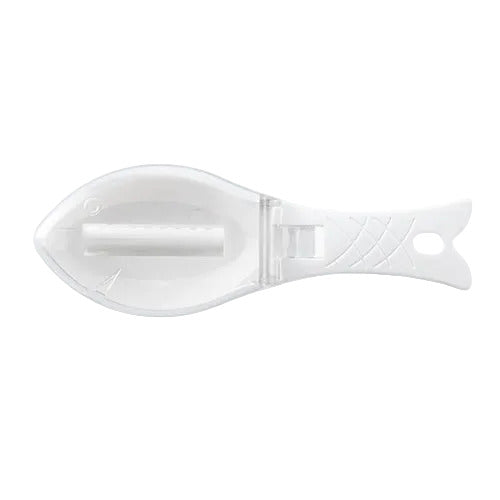 Fish scale scraper tool in white color with protective cover designed for easy fish scaling and kitchen cleaning (Color: White Variant)