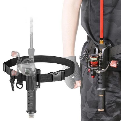 Fishing rod holder belt with adjustable fit and hands free gear carrying design for anglers model shot