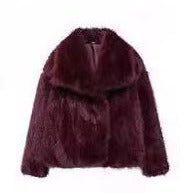Fluffy plush coat in wine red color with lapel collar and long sleeves for cozy winter wear (Color: Wine Red)