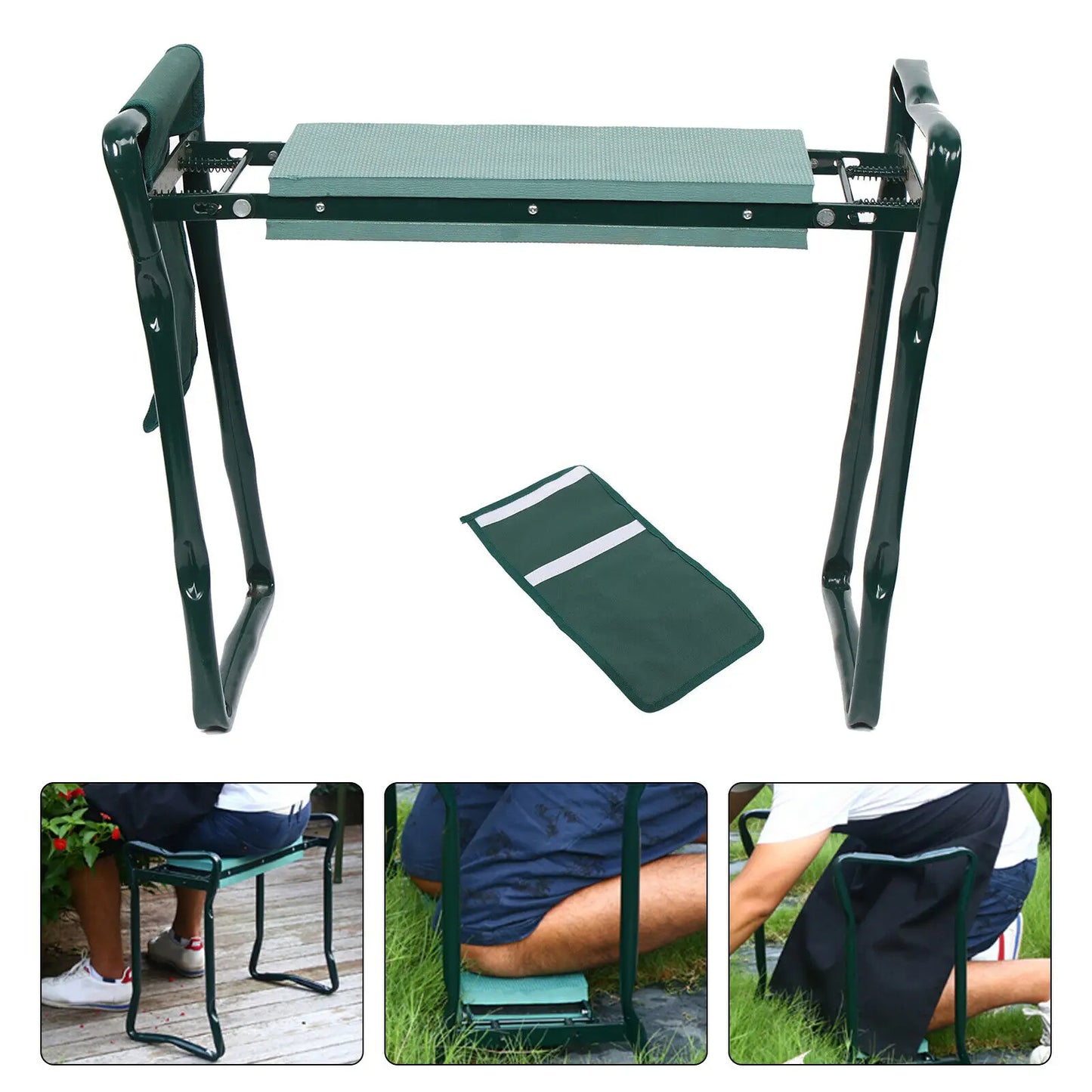 Folding garden kneeler and seat with padded cushion and tool organizer depiction of use cases