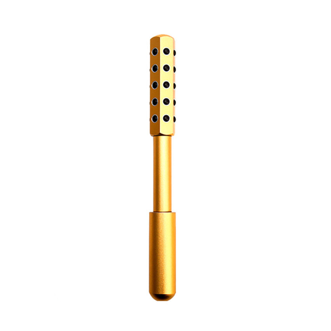 Germanium facial roller massage tool in gold color for improving skin tone and reducing puffiness (Color: Gold)