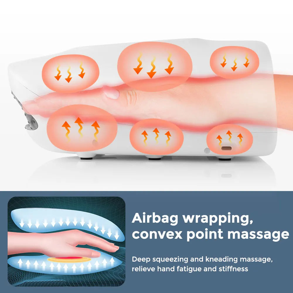 Hand therapy massager with compression and heat for relief from stiffness soreness and fatigue depiction of heat compression benefits