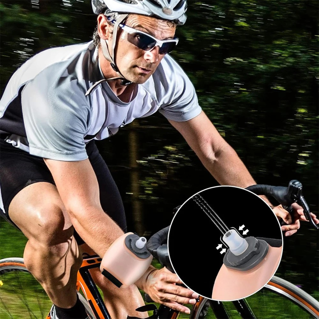 Hands free wrist water bottle with adjustable strap for sports running hiking and outdoor hydration model shot