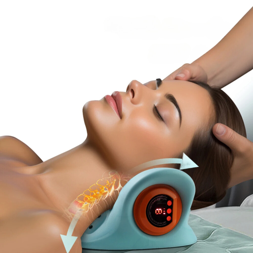 Heated neck massager and stretcher with adjustable levels and heat therapy for cervical support model shot