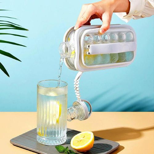 Ice ball maker bottle for creating round ice spheres for drinks cocktails and gatherings depiction of use as water bottle