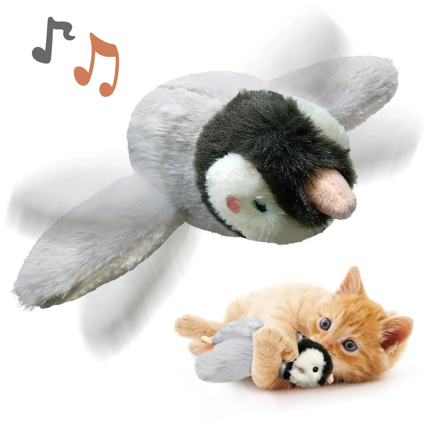 Interactive bird cat toy in gray color with flapping wings and chirping sounds for engaging cat play (Color: Gray)