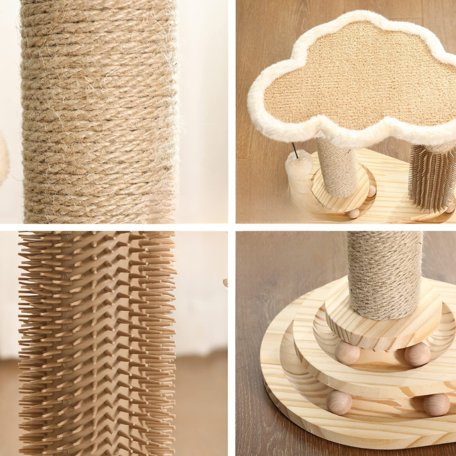 Interactive cat scratching post with sisal scratcher ball track and self groomer for indoor cats depiction of various use cases