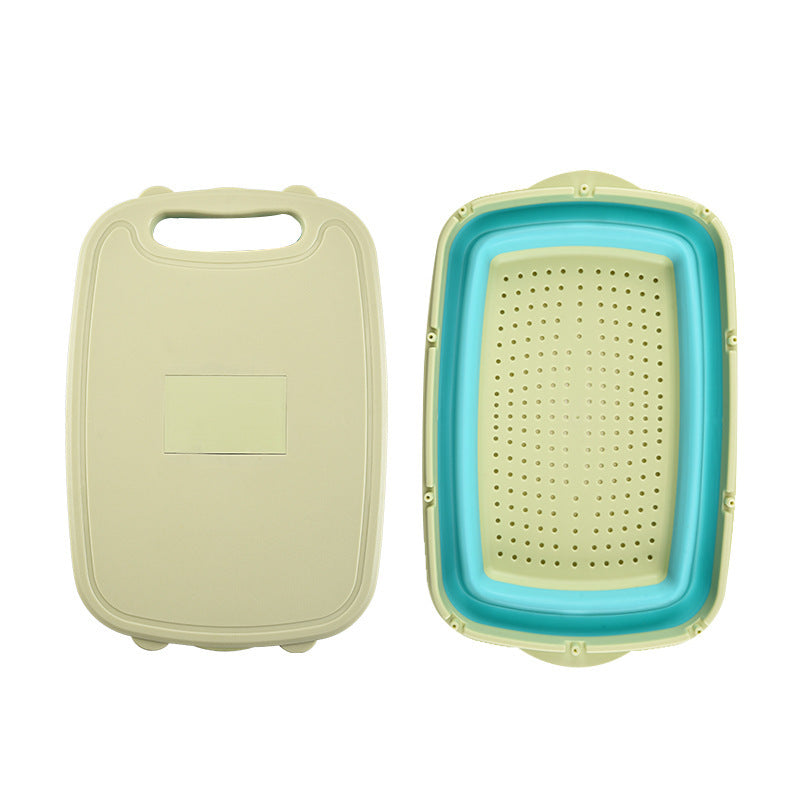Kitchen washing and draining basket in green color with built-in cutting board designed for rinsing, draining, and food prep (Color: Green)