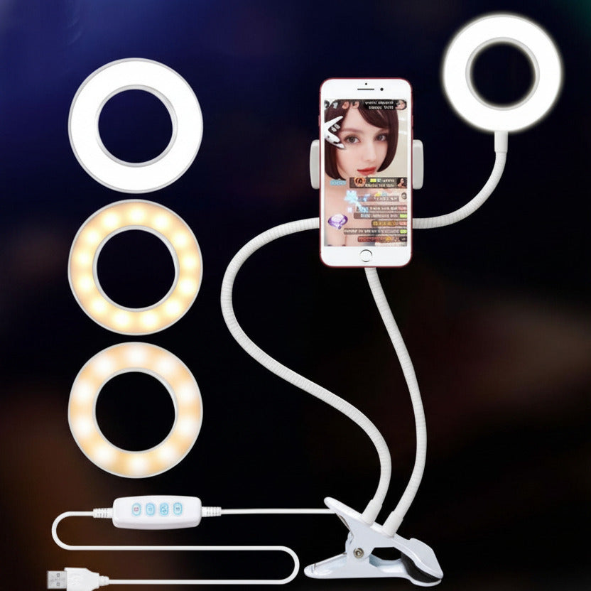 LED selfie ring light with adjustable stand and phone holder in white color designed for makeup lighting, video calls, and photography (Color: White)