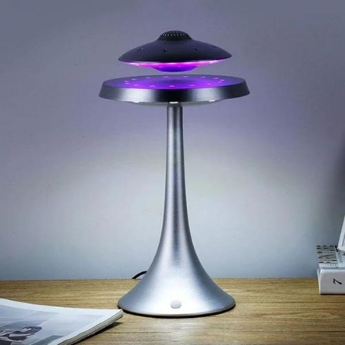 Levitating ufo speaker and lamp with bluetooth audio ambient lighting and futuristic floating design alternate product shot