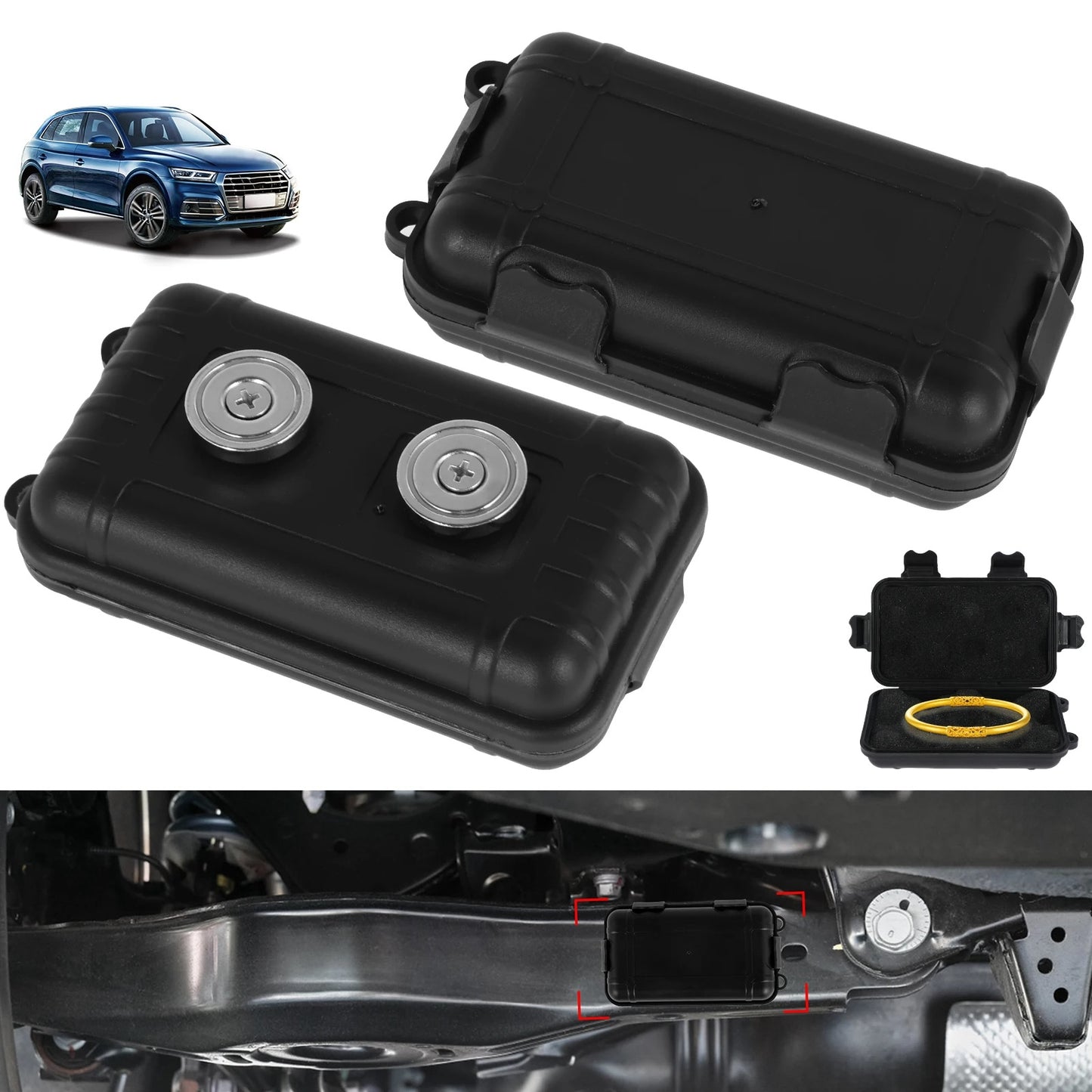 Magnetic key safe box with strong magnets for hidden under car key storage depiction of use under a car