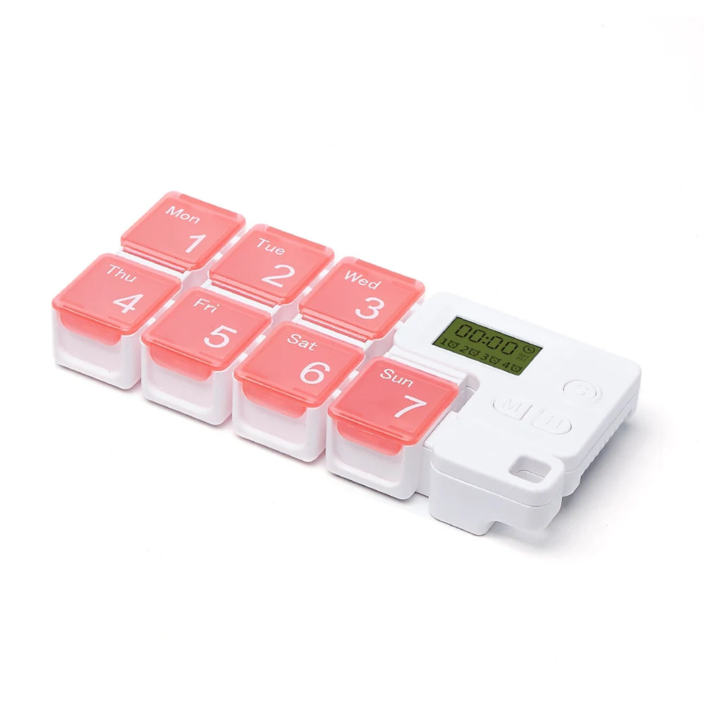 Medication pill organizer and reminder in pink color with alarm alerts large display and weekly compartments (Color: Pink)