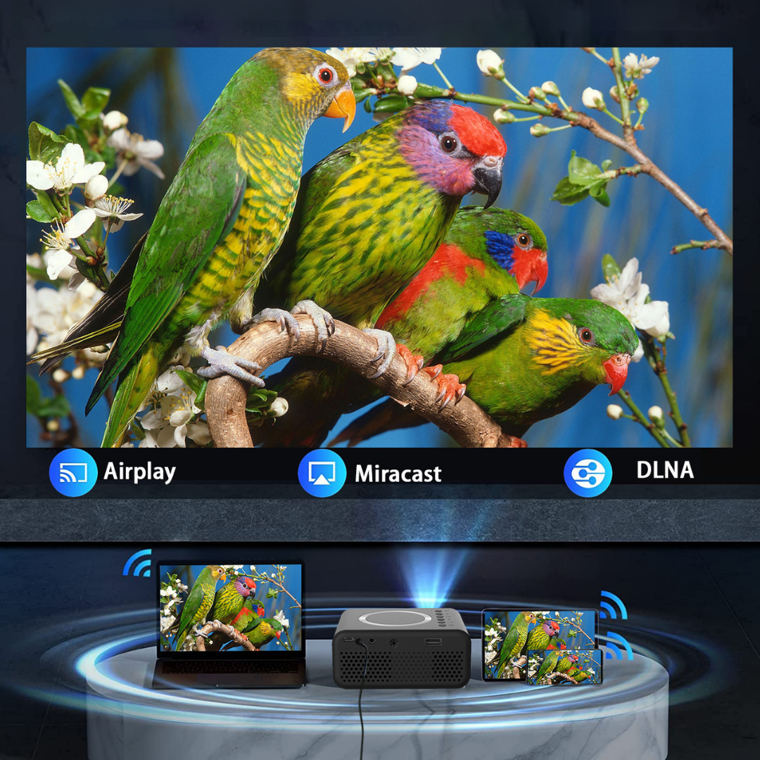 Mini wireless led projector for home theater with 1080p support and portable design depiction of various connectivity options
