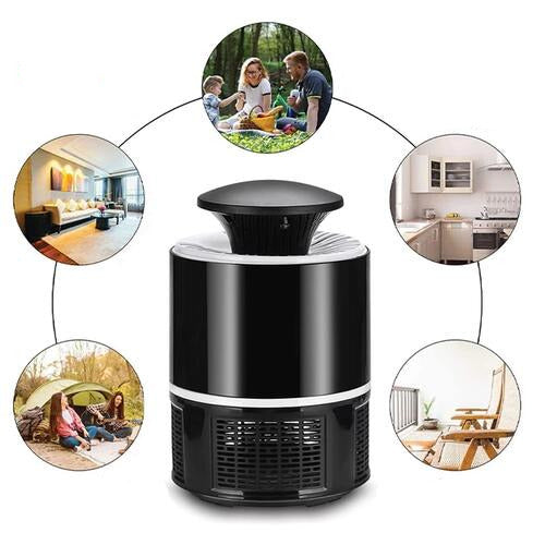 Mosquito trap lamp with uv attraction technology and quiet fan suction for chemical free insect control depiction of use areas