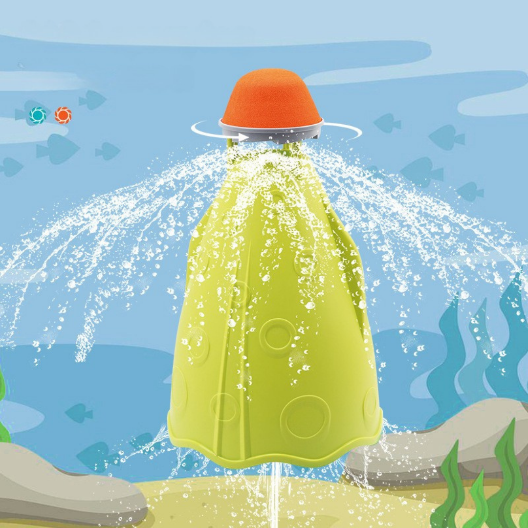 Octopus rocket water sprinkler toy spraying water and launching upward for kids outdoor play depiction of water sprinkling