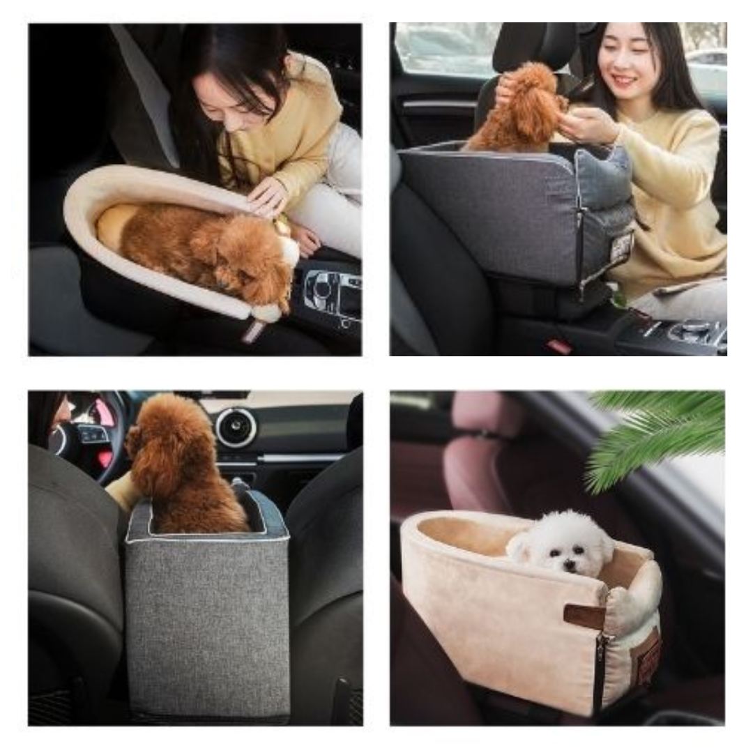 Pet car armrest seat with cushioned support breathable fabric and elevated travel comfort for small pets depiction of use