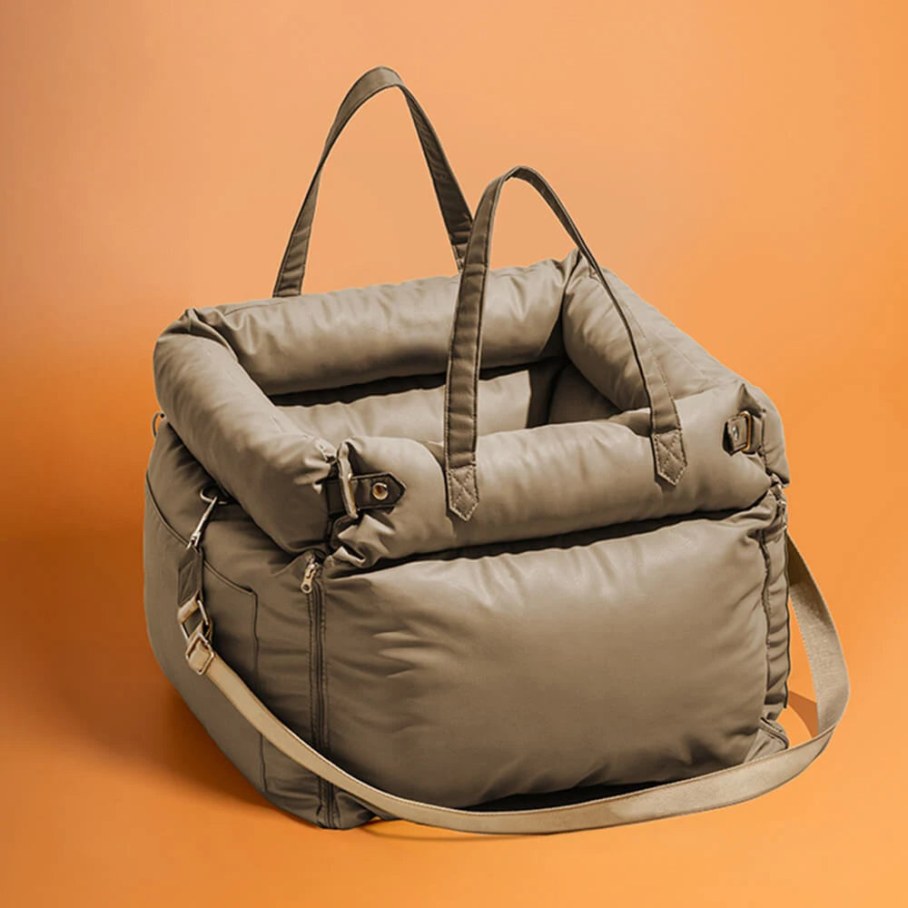 Pet car seat bed in beige color with safety buckle and padded design for safe and comfortable travel (Color: Beige)