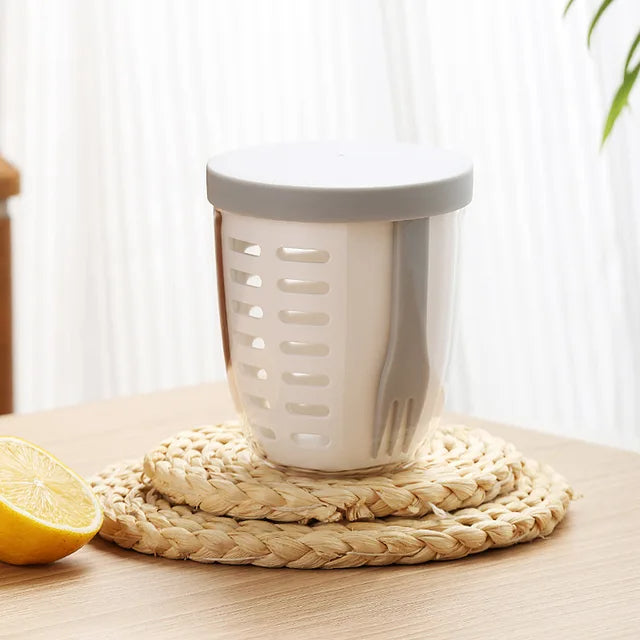Portable fruit cup in white color with strainer and fork leak proof snack container for fruit on the go (Color: White)