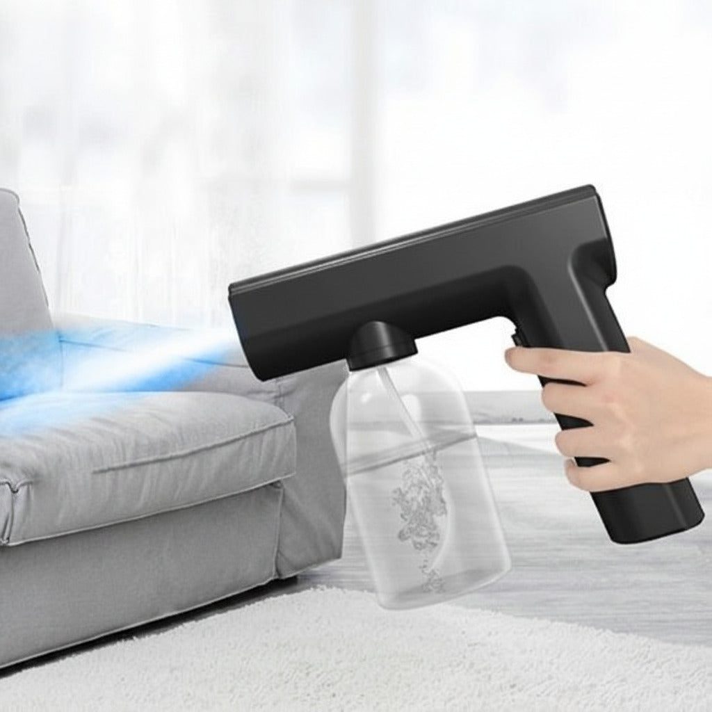 Portable sanitizing sprayer with rechargeable battery and fogging design for home vehicle and surface disinfection depiction of use