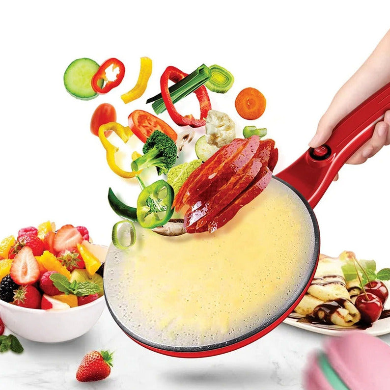 Quick and non stick crepe maker for pancakes tortillas and easy cooking product shot with ingredients