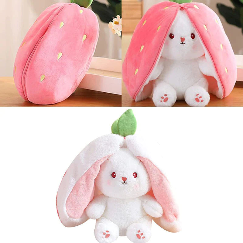 Reversible bunny plush toy that transforms into strawberry and carrot design soft stuffed animal depiction of reversible design (Style: Strawberry)
