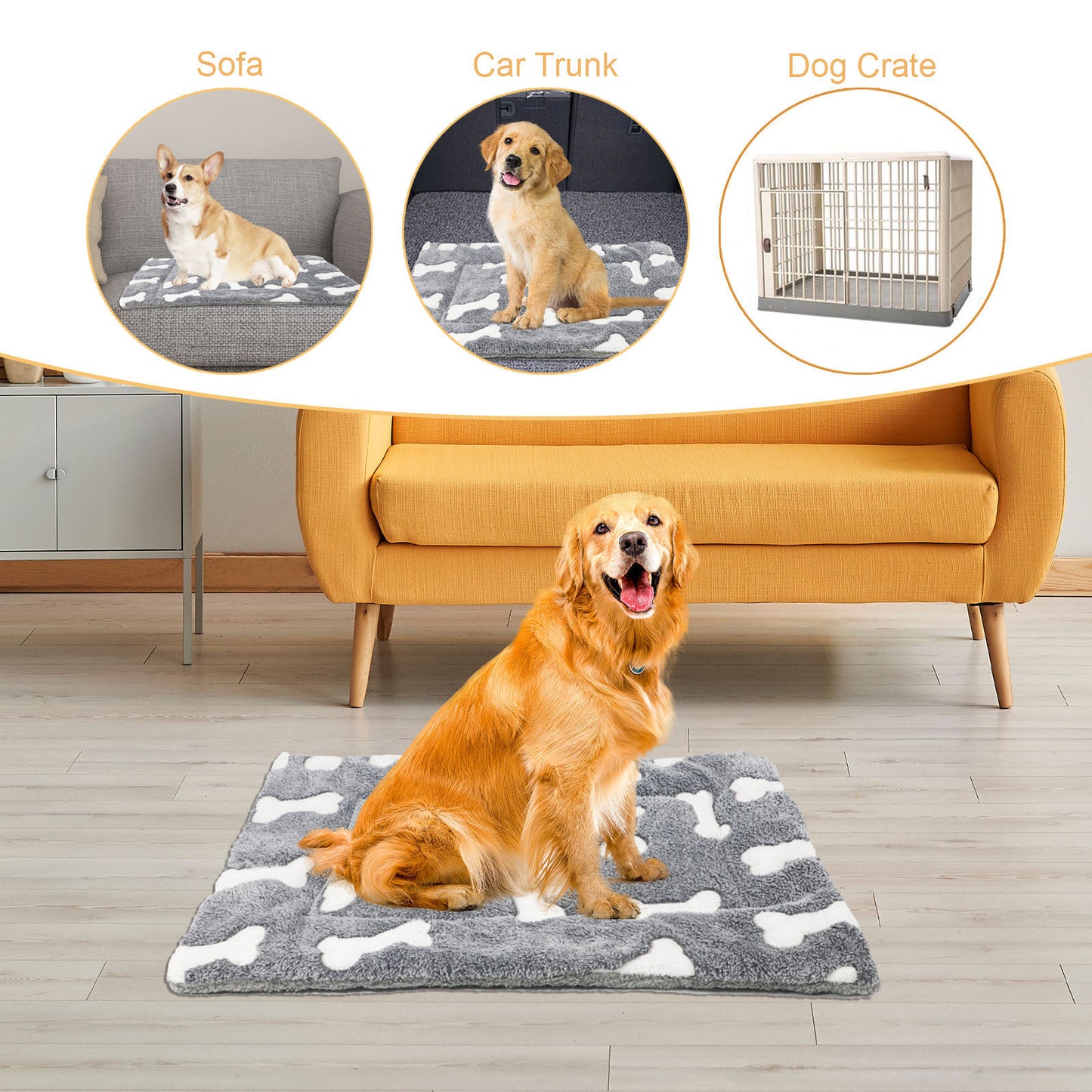 Use cases depiction and a dog on a self-warming soft and washable sleeping bed mat for pets, cats and dogs