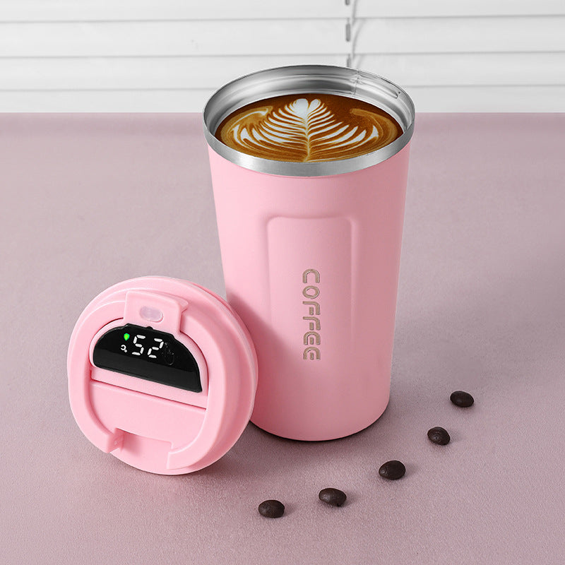 Smart temperature display thermos coffee cup in pink color with led screen insulated for hot and cold drinks duo (Color: Pink)