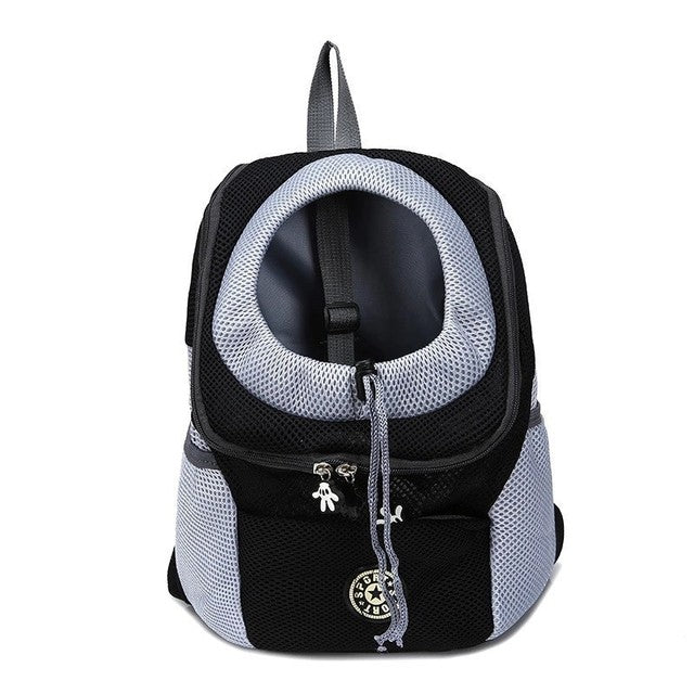 Travel dog backpack in black color with breathable mesh design adjustable safety straps and storage pockets for pets (Color: Black)
