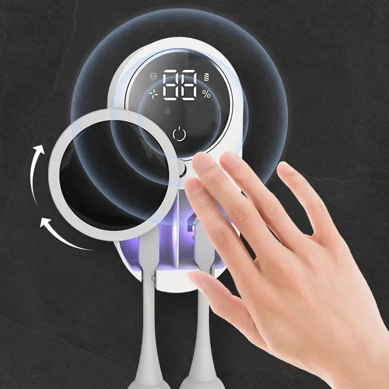 UV toothbrush cleaner with air drying and smart display for hygienic storage depiction of motion sensor