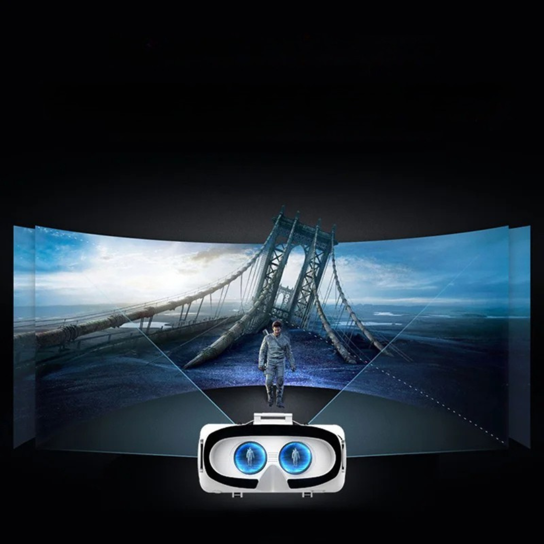 VR headset for smartphones with bluetooth remote controller immersive virtual reality viewer depiction of wide angle view