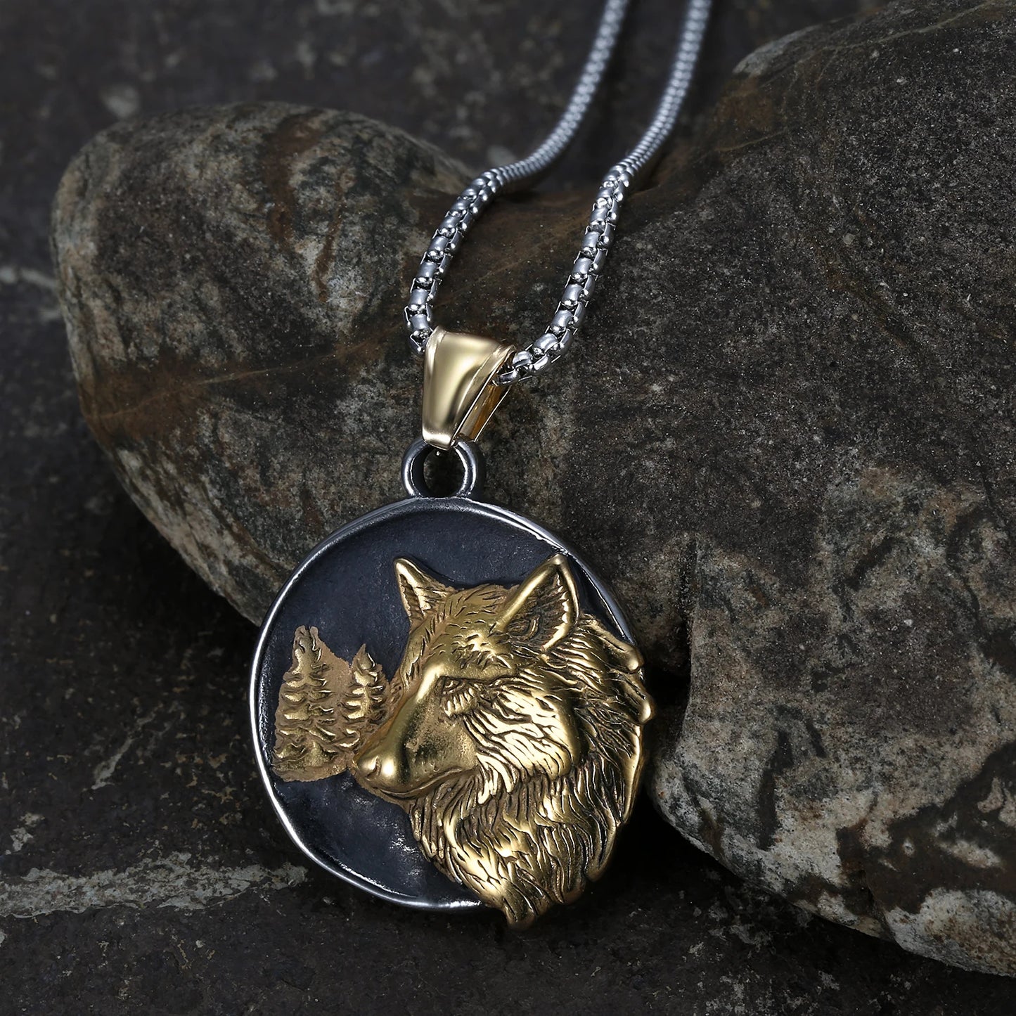 Wolf head pendant necklace in gold color with detailed metal design and unisex statement styling (Color: Gold)